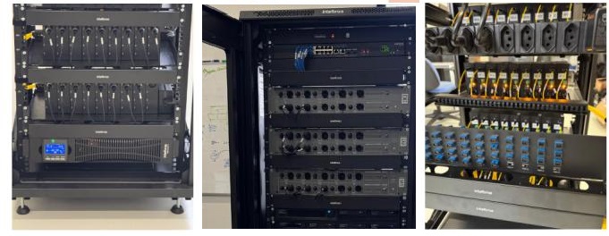 Rack central de piso com equipamentos de controle e transmissão IP de áudio do sistema HSE